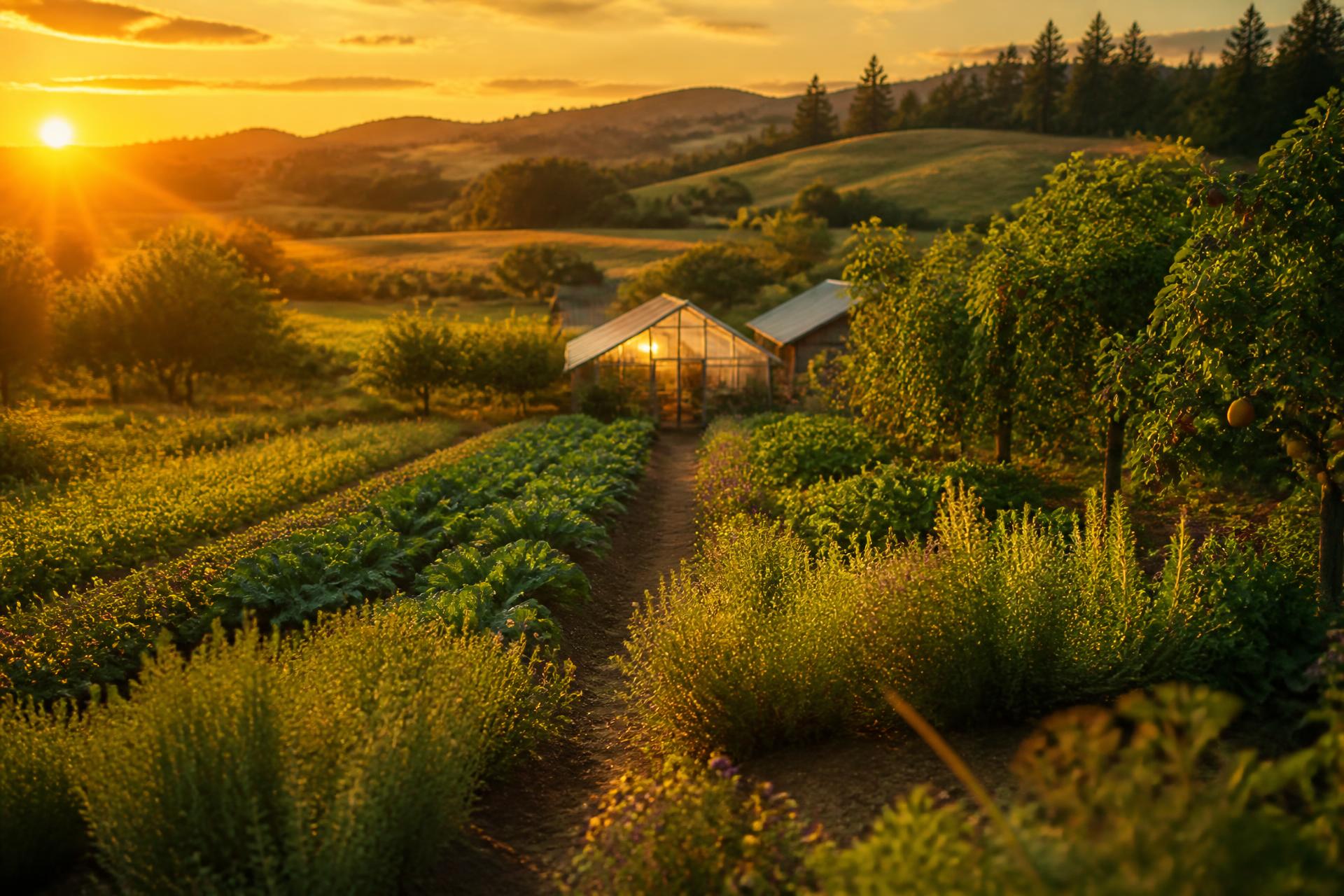 American farm at golden hour with orchards, greenhouse and rolling hills